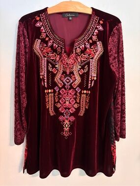 Calessa EUC Velvet Embroidered Blouse